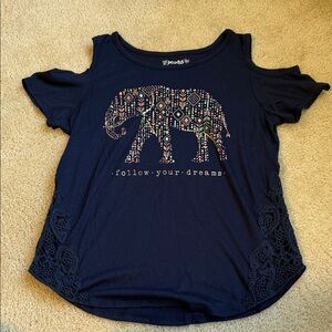Mudd Navy Blue Cold Shoulder Top with Elephant Design